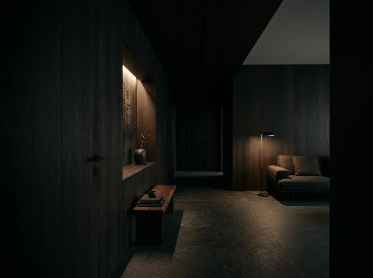 Difference from warm modern minimalist: half the light is pressed down