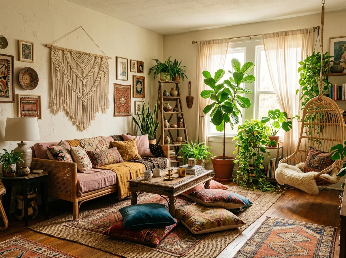 Bohemian Living Room: Layered Textiles & Plant Embrace