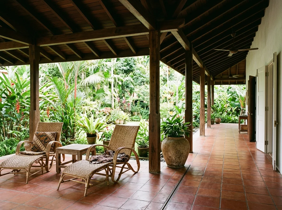 Southeast Asian Semi-Outdoor Corridor: Columns, Flooring, and Rattan Chairs