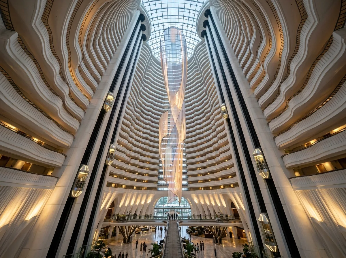 Fifty-Two-Story Internal Canyon: Elevator Shafts and Skybridges