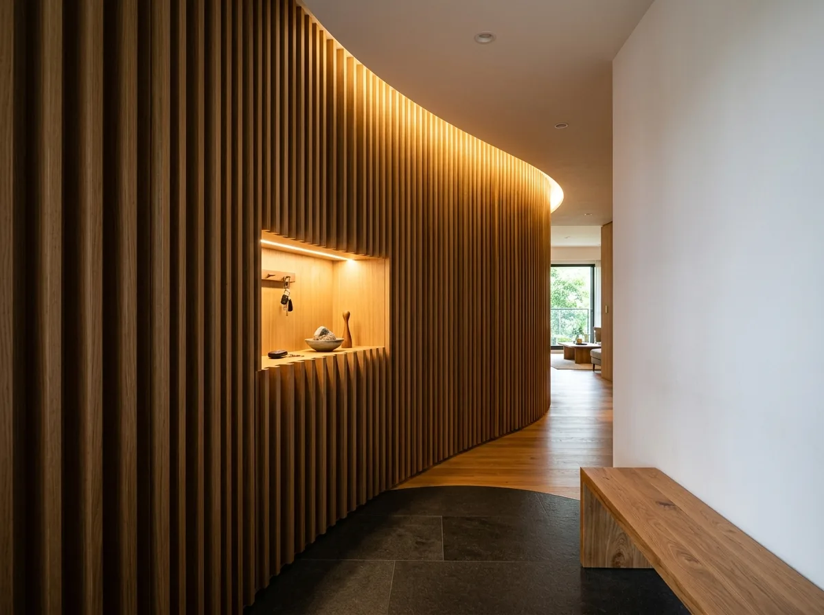 Parametric Timber Entrance: Curved Reception and Integrated Lighting
