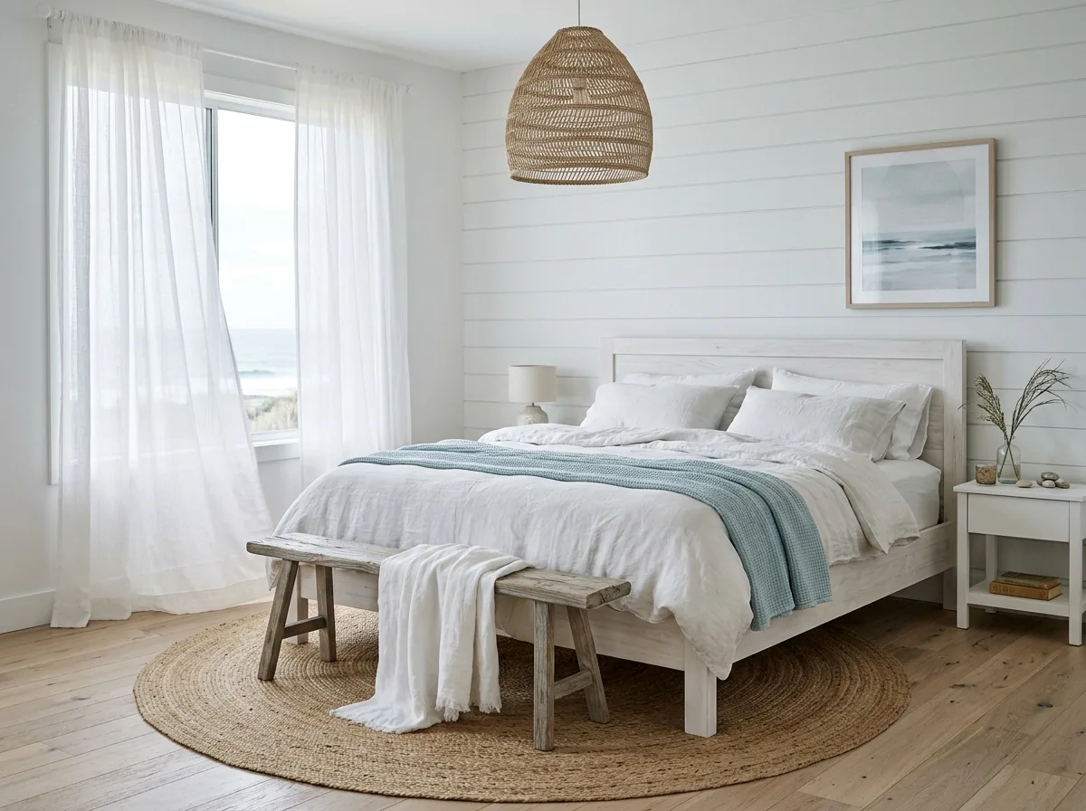 Coastal Breeze Bedroom: White Wood Bed Frame & Linen Sheer Curtains