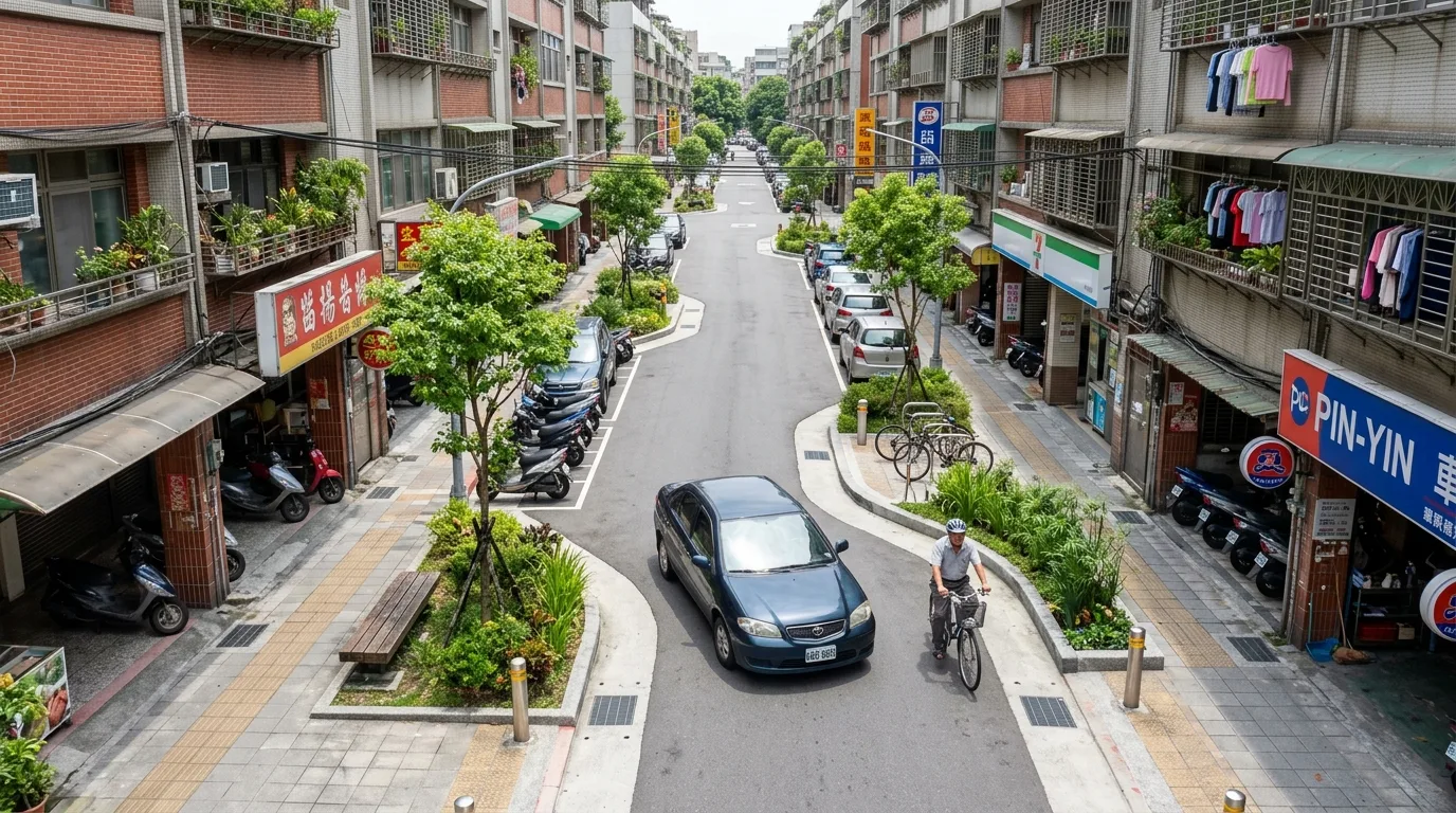 弯绕设计：交错停车与植栽的降速街道
