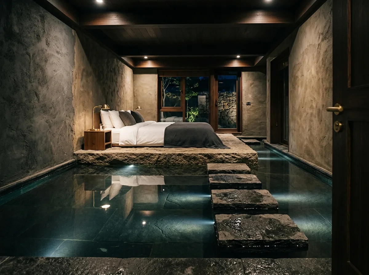 水的房间：床仿佛漂浮在水面上