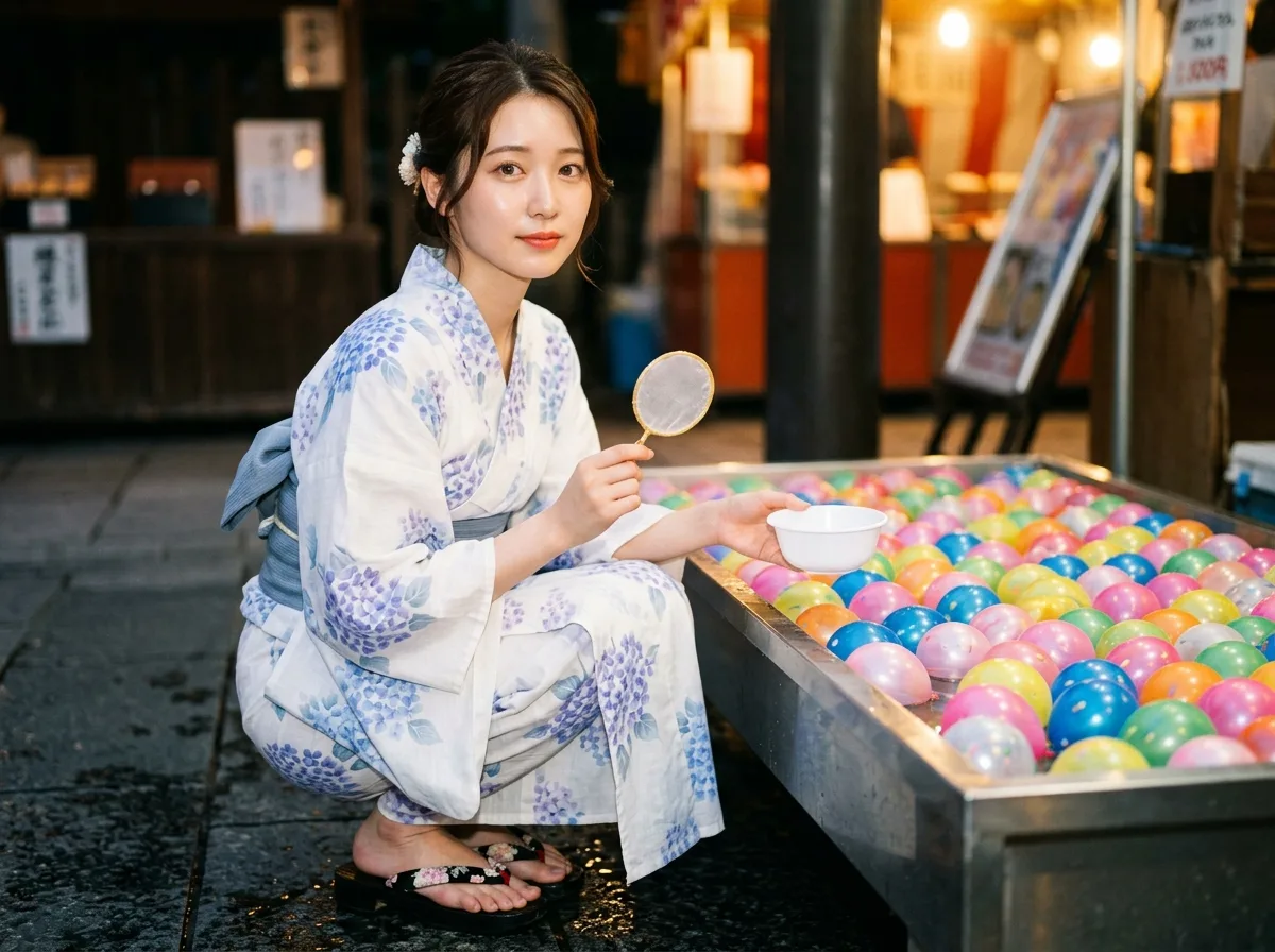 夏日祭捞水球：浴衣与摊位暖光