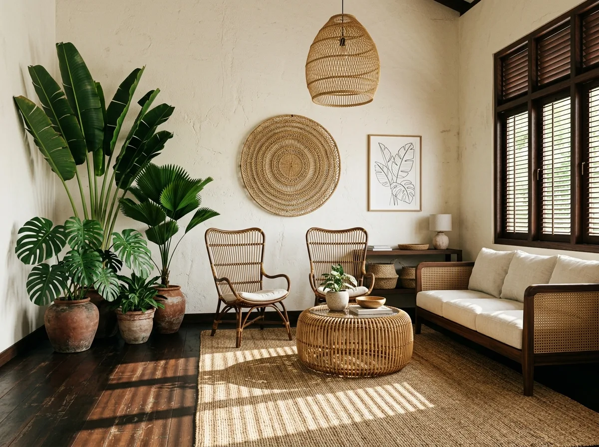 Tropical Southern Taiwan Living Room: Teak, Rattan, and Large Leaves