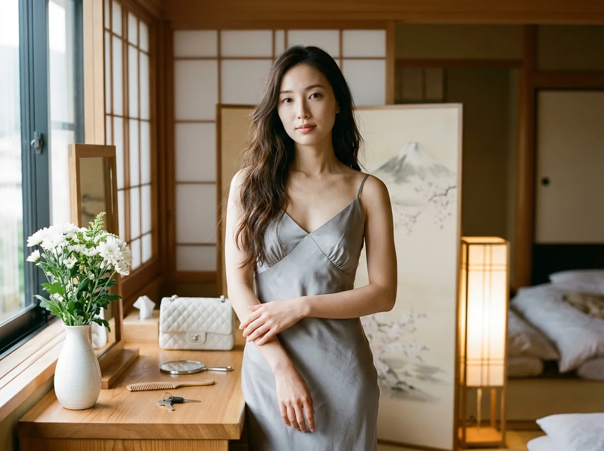 和風旅館シルクパジャマ：障子戸のそばの低彩度プライベートポートレート