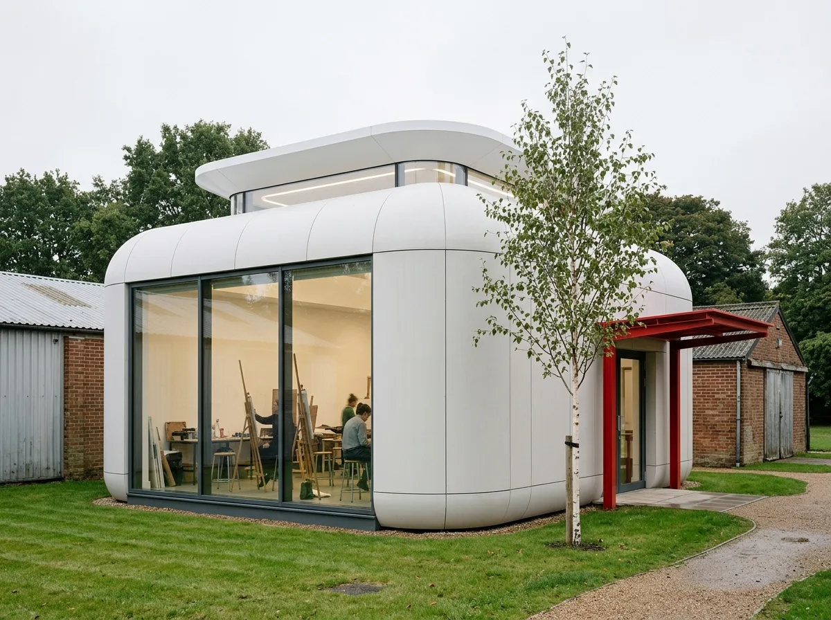 The Volume of a Drawing Studio: Curved Corners and Large-Scale Glazing