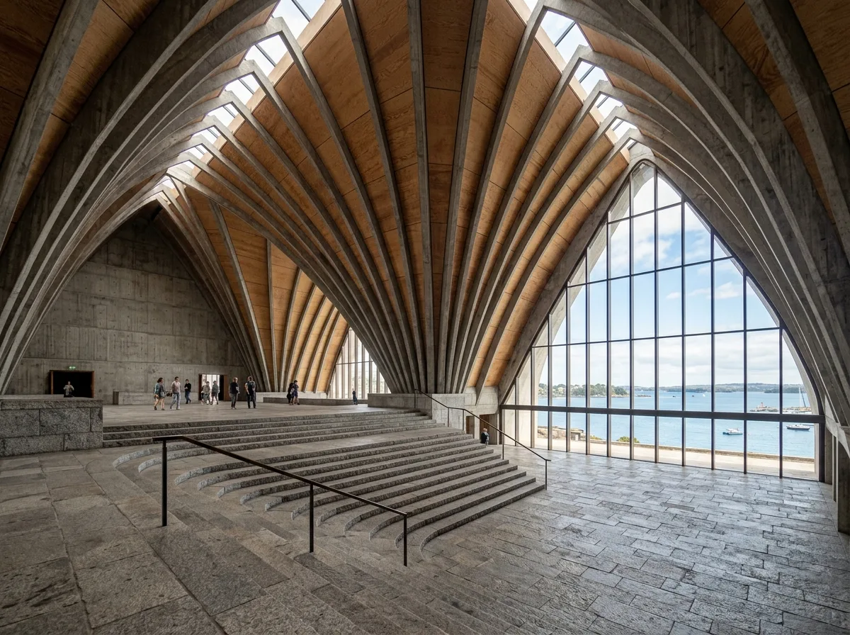 シェルルーフ下のセレモニーホール内部：露出リブ、温かみのある木材、石材