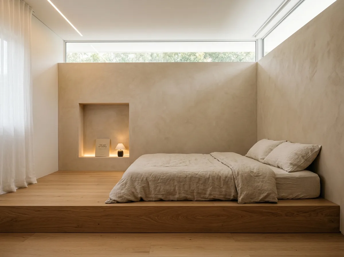 Warm Modern Minimalism - Bedroom: Ground-Level Platform and High Window