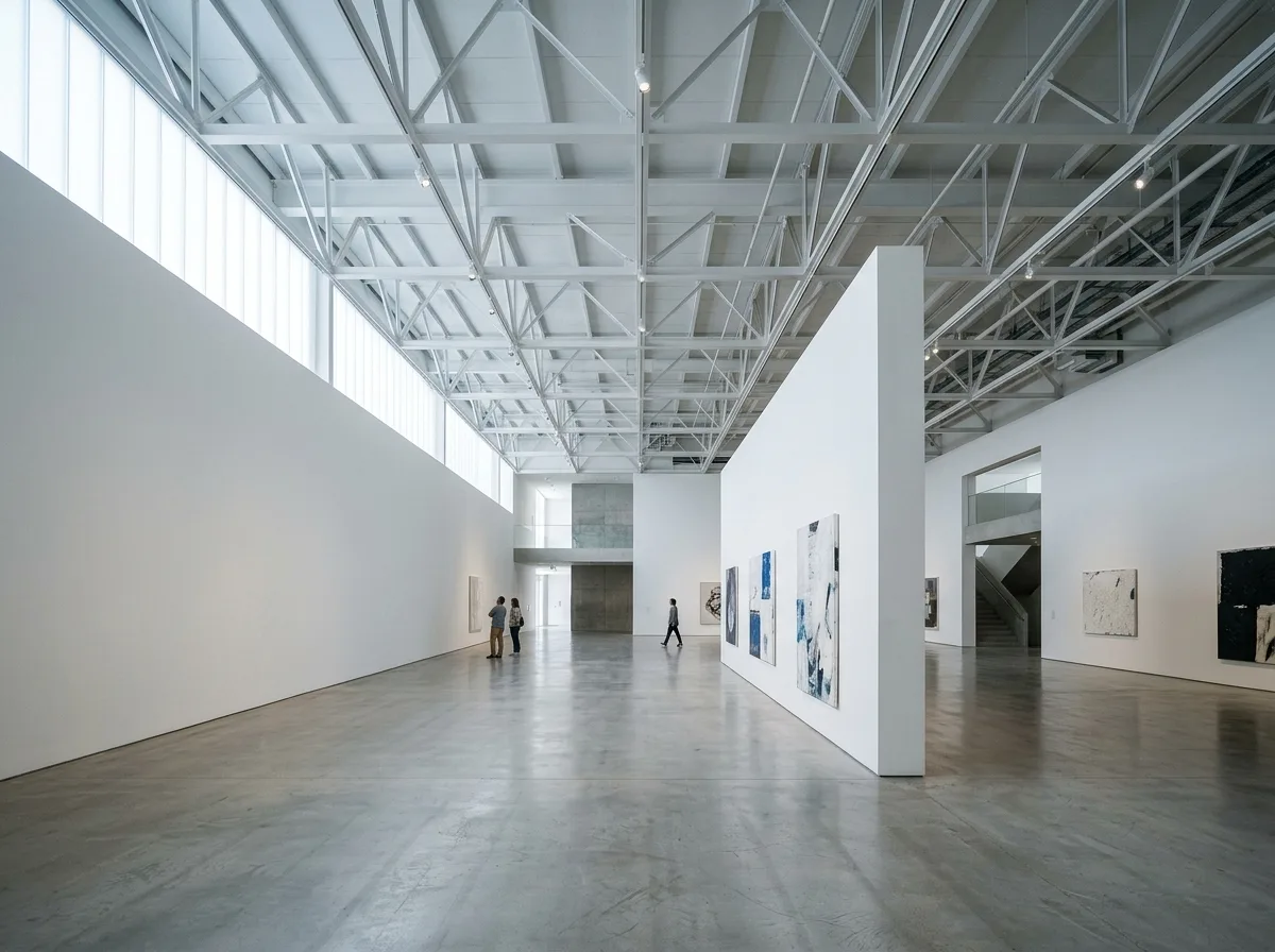 Flexible Exhibition Space: High Ceiling, Neutral Surfaces, and Vertical Continuity