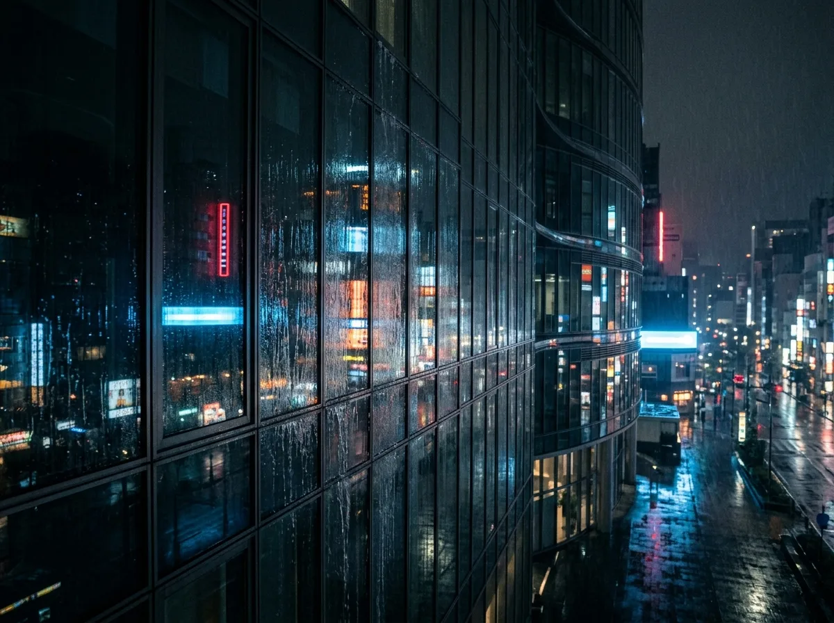 雨の夜の都市の光と影