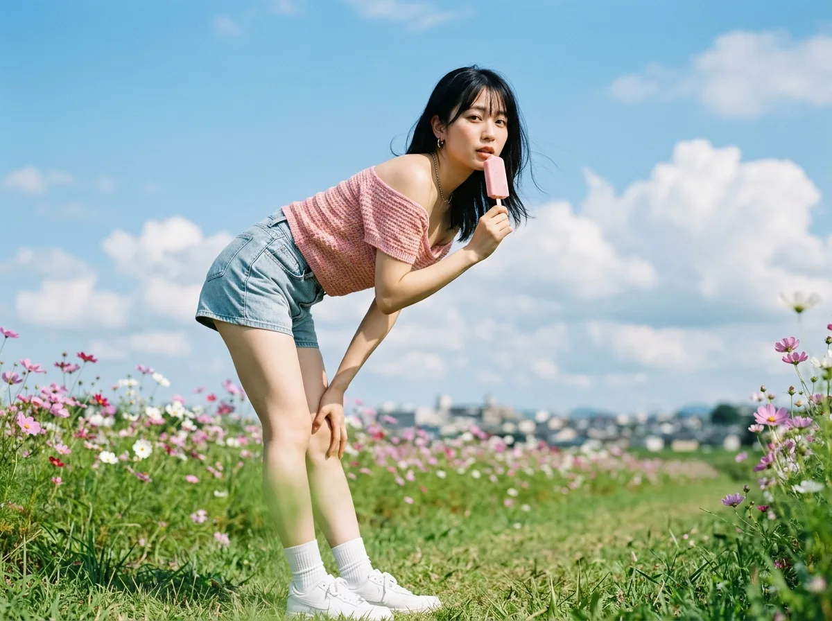 花野の一口：野花草原の夏の全身像