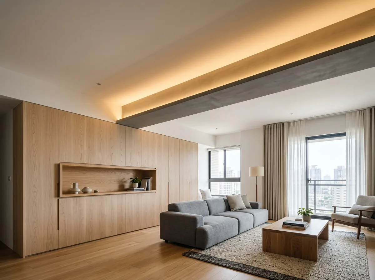 Beam Encapsulation Techniques: Integrated Indirect Lighting and Storage Below the Beam