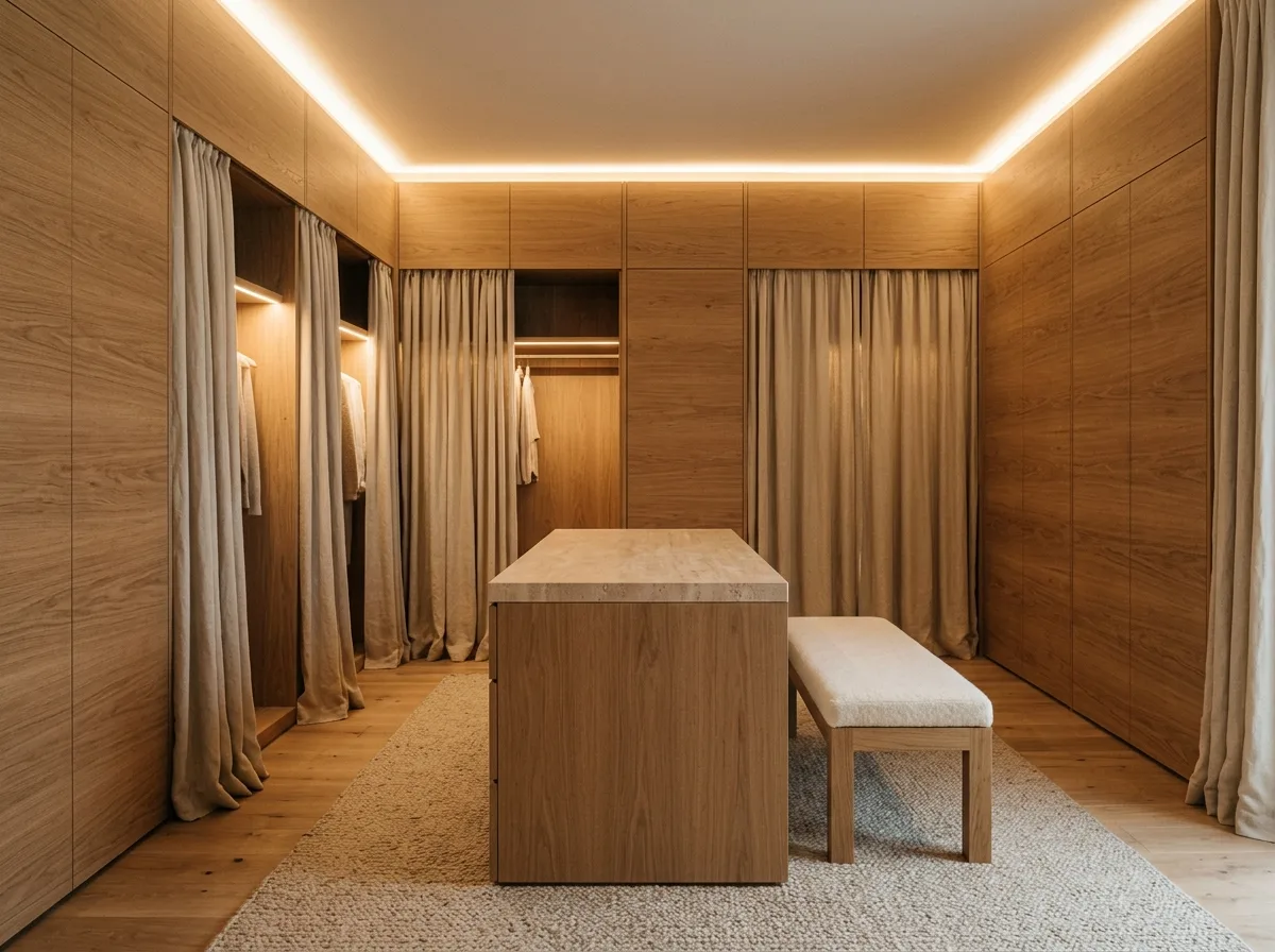 Warm Minimalism・Dressing Room: Matched Wood Grain and Curtain