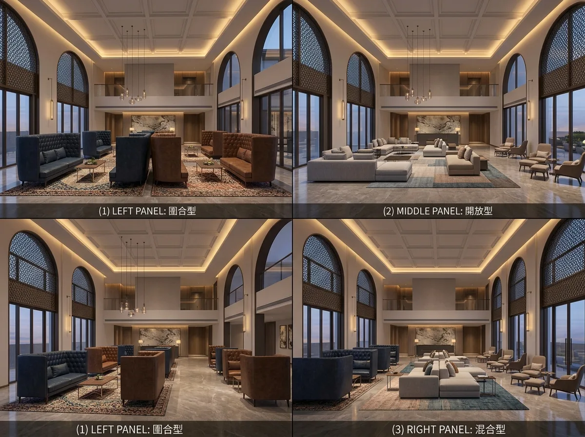 Three Furniture Configurations for the Same Lobby: Comparison Diagram