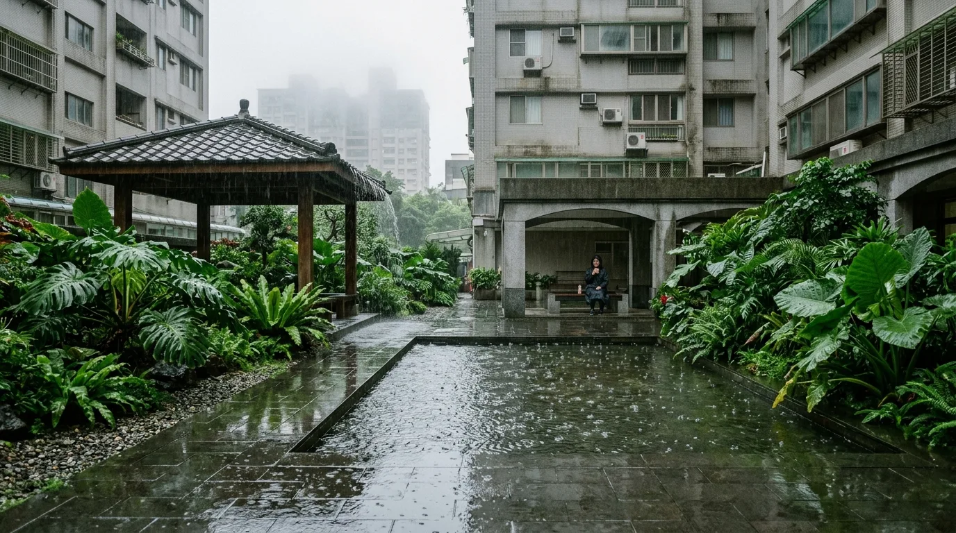 雨天的中庭：水面涟漪与湿润的绿