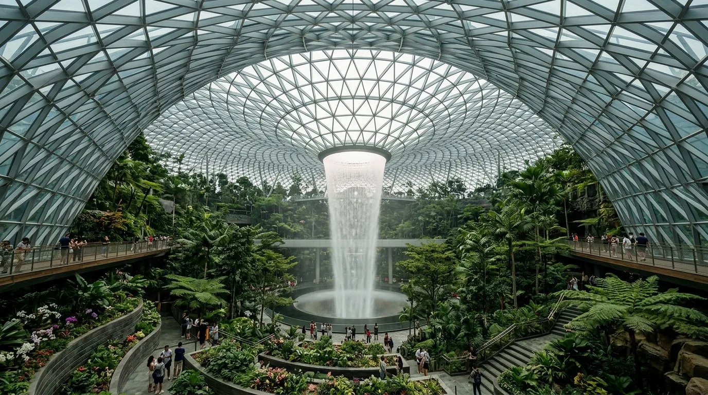 Indoor Waterfall and Forest Valley: Landscape Under a Glass Steel Dome