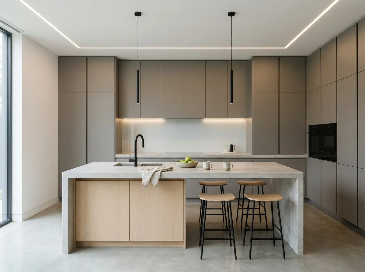 Modern Kitchen: Waterfall Island Countertop & Full-Flat Cabinetry