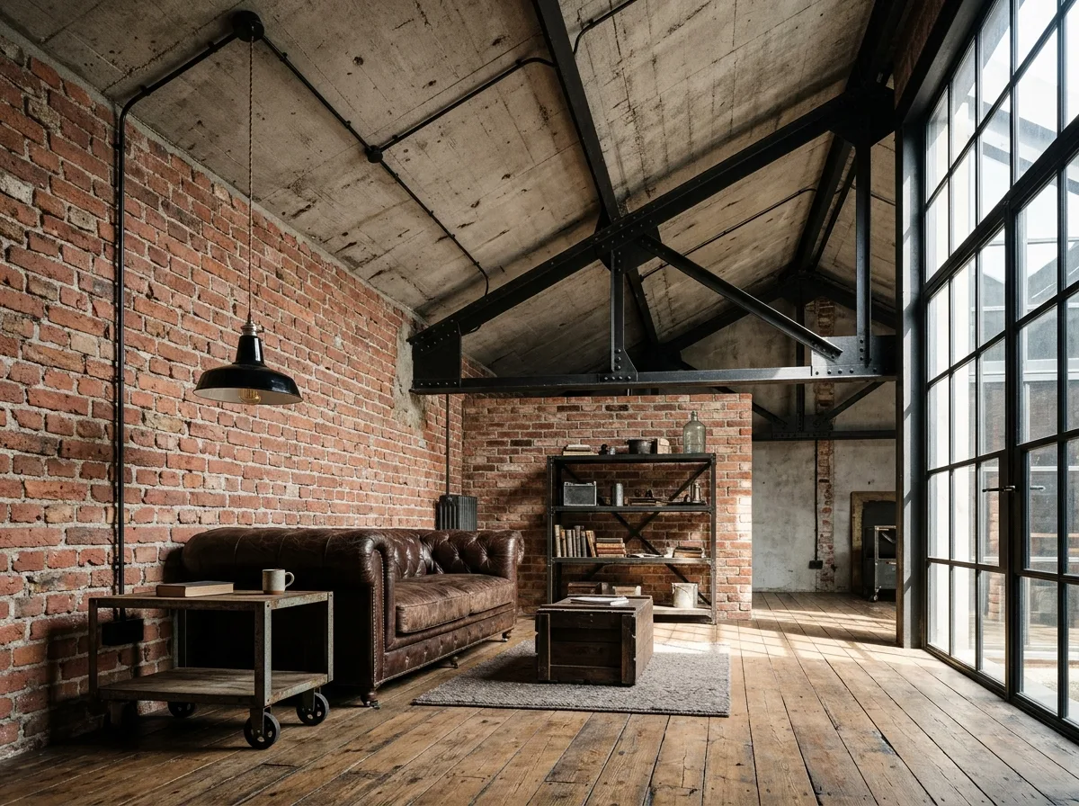 Industrial Living Room: Exposed Brick Walls & Trusses