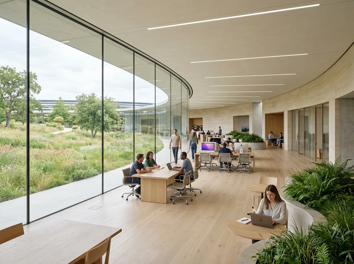 Apple Parkのワークプレイス：自然素材とパノラマガラス