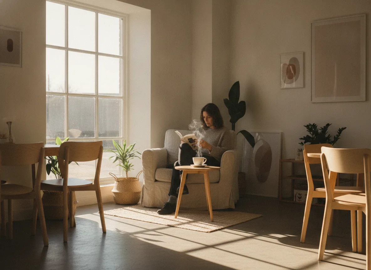 Afternoon Coffee Time: Light, Shadow, and Reading