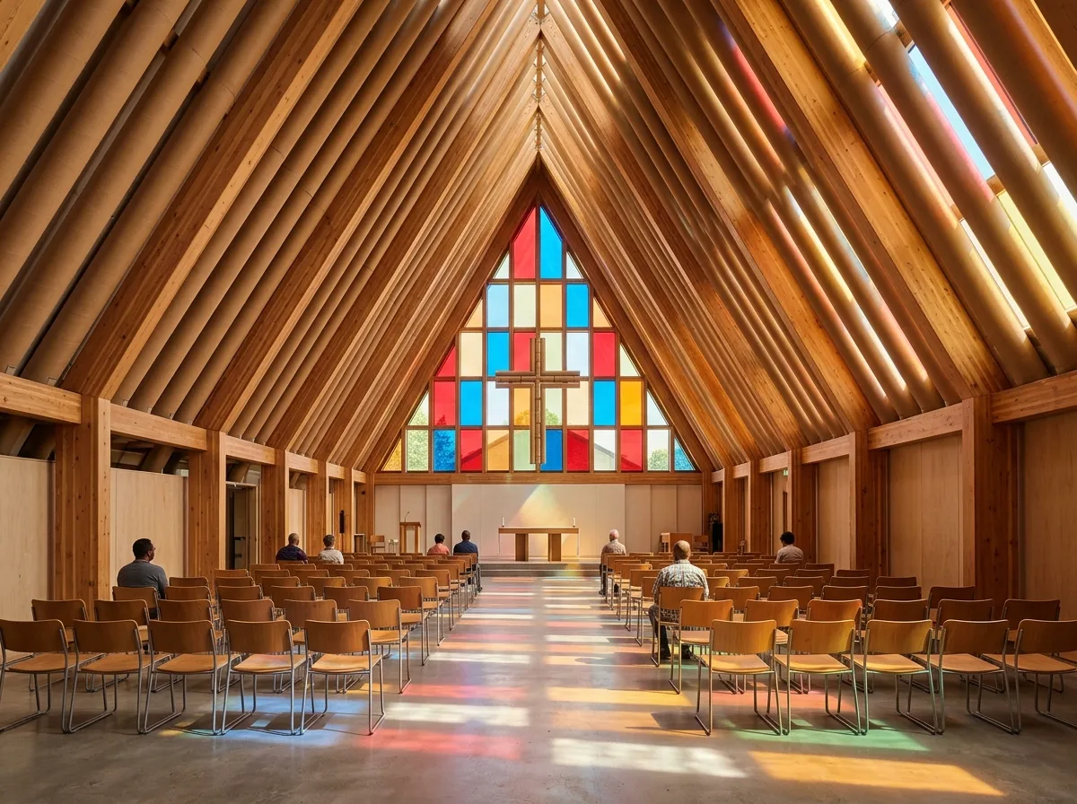 Paper Tube Church Interior: Stained Glass Skylight of Triangles