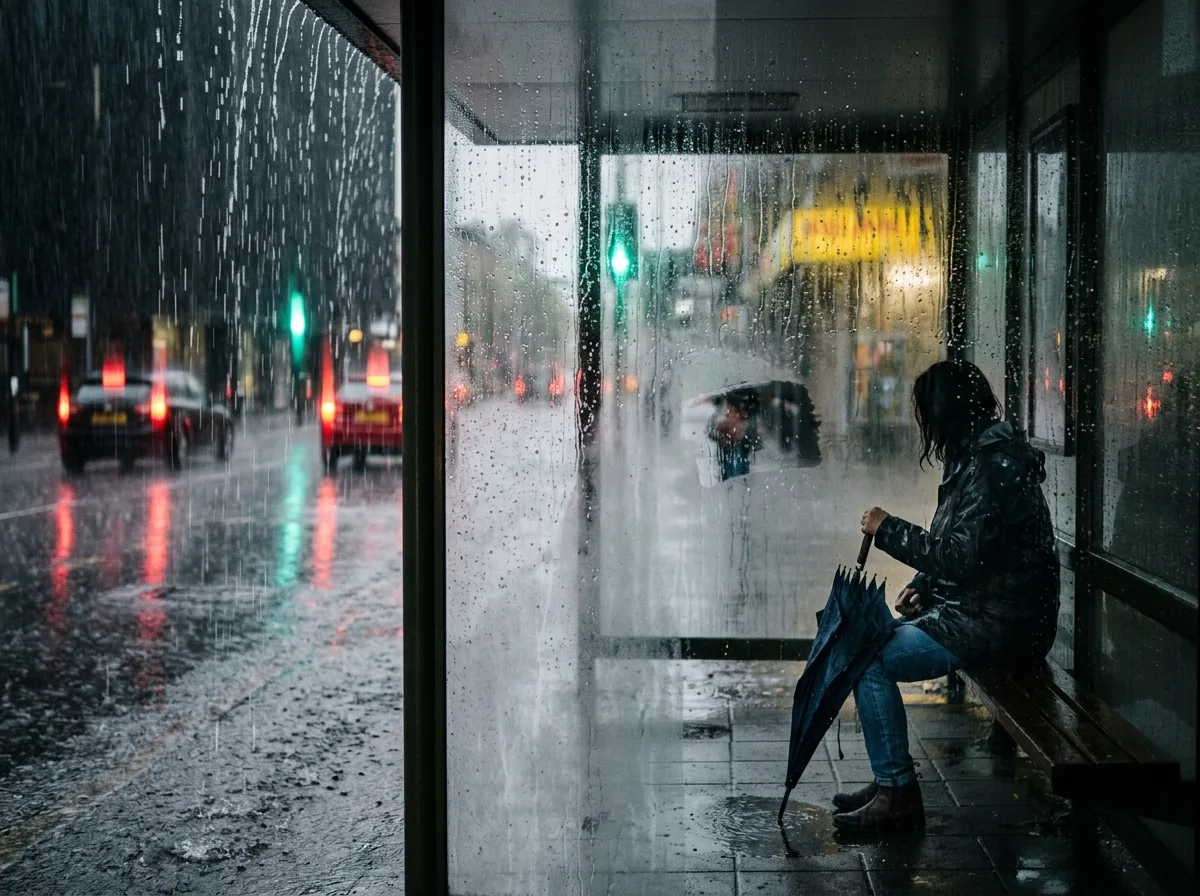 雨の日のバス停：ガラスの水滴跡とぼやけた街の風景