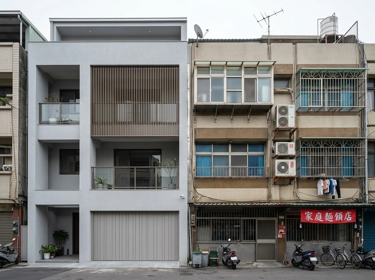 新旧并置：当代联排别墅紧邻贴砖老宅