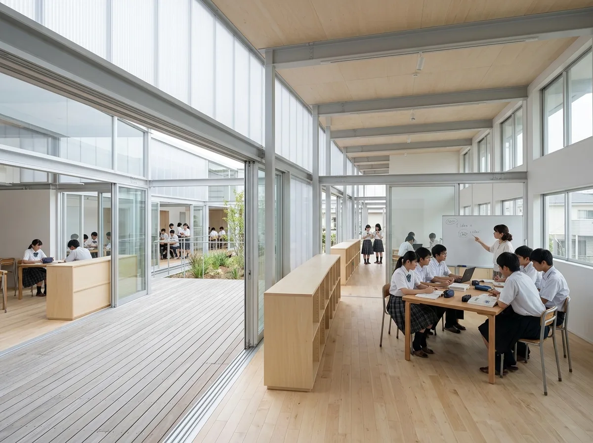 オープンプランのキャンパス：廊下の無い学習空間