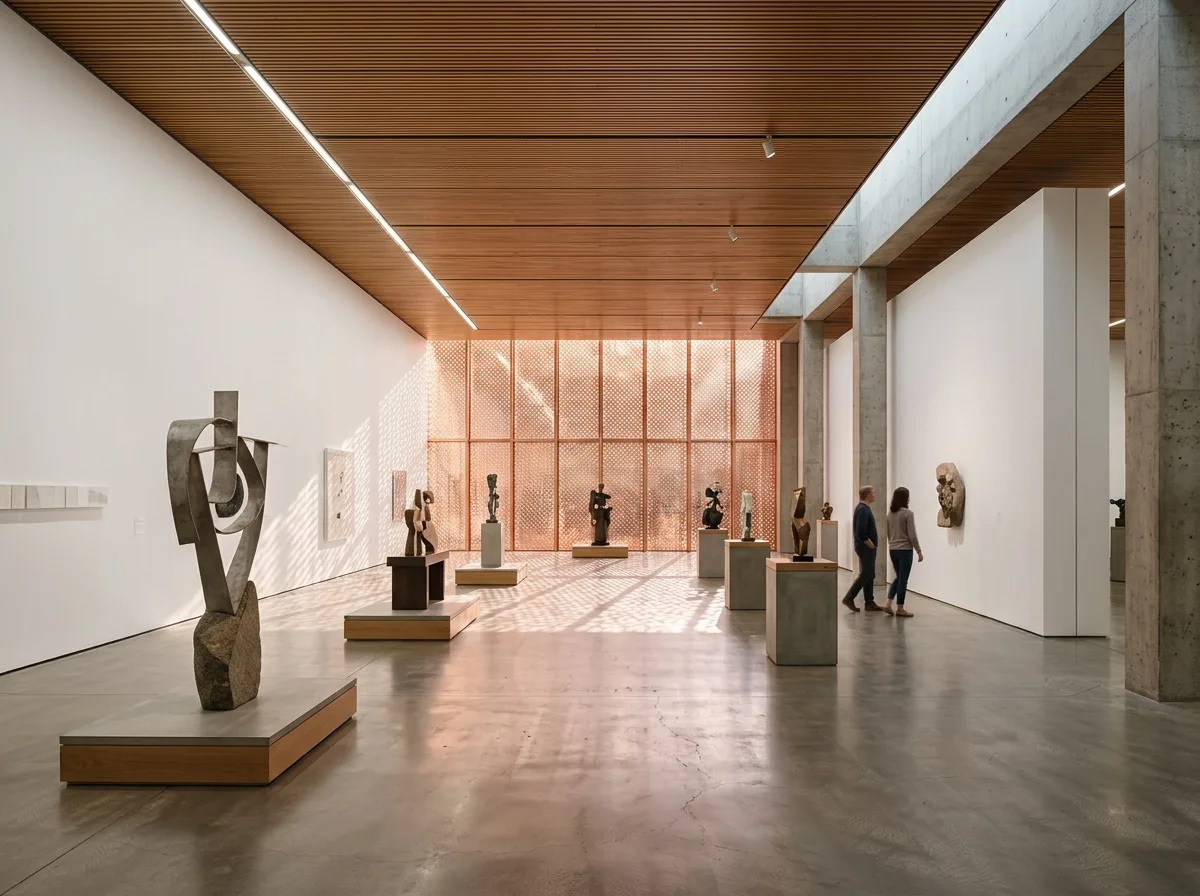 Exhibition Hall Interior Under Perforated Copper Facade: Diffused Skylight and Warm Wood Ceiling