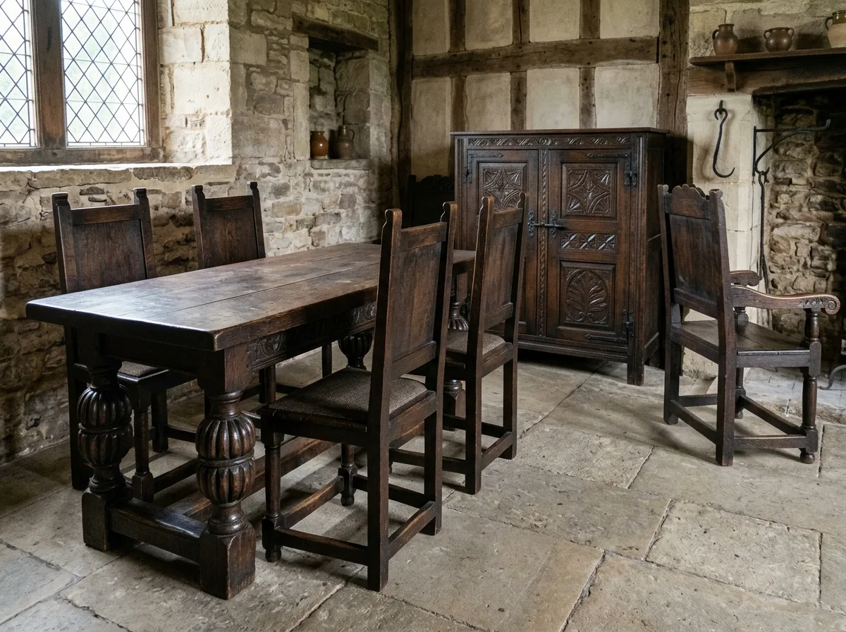 Furniture: heavy, square and carved