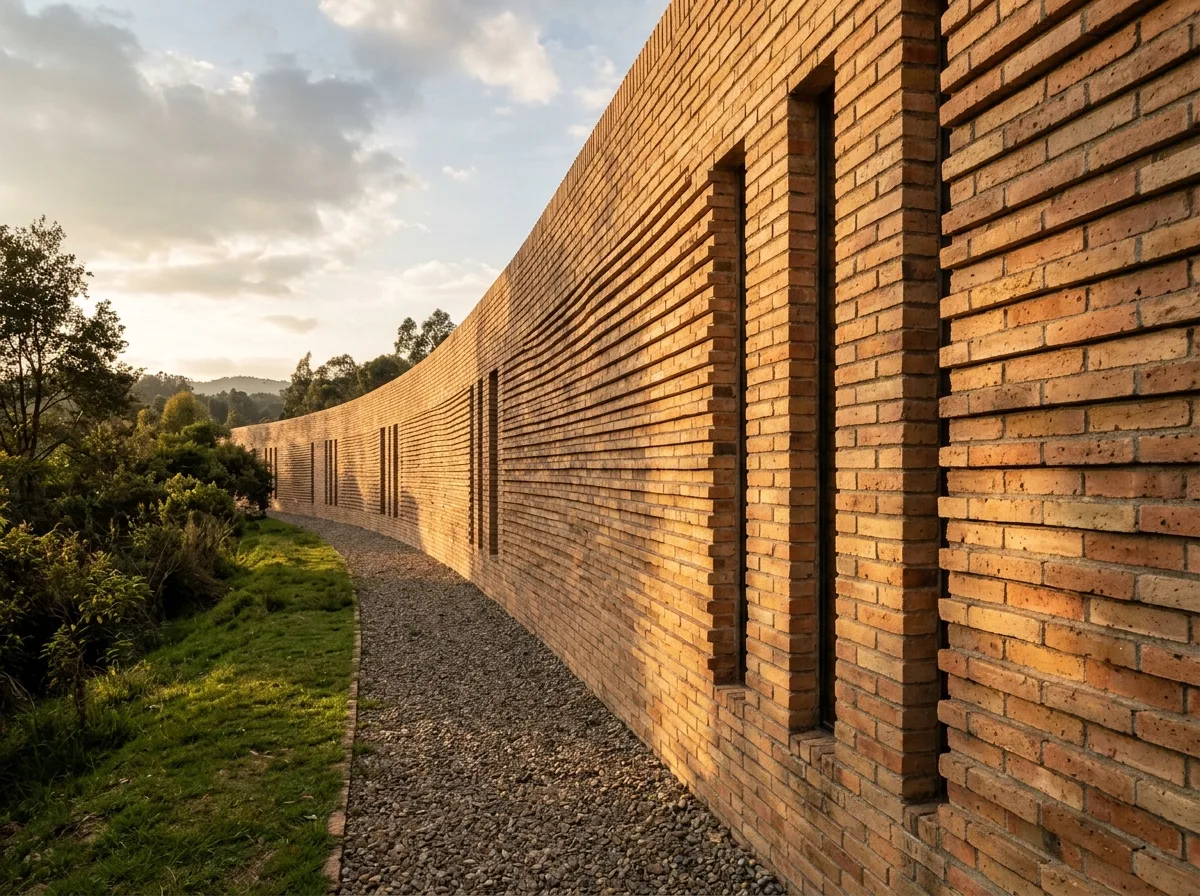 Curved Facade of Red Bricks: Continuous Masonry and Elongated Openings