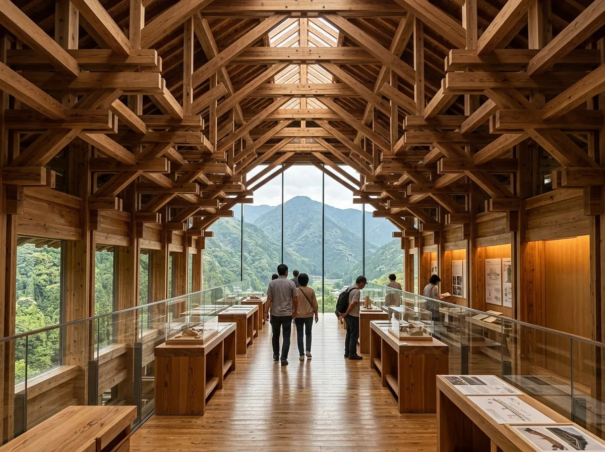 Wood Bridge Museum Interior: Trusses, Linear Circulation, and Mountain Views