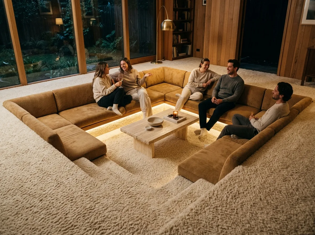Sunken conversation pit: seating set into the floor