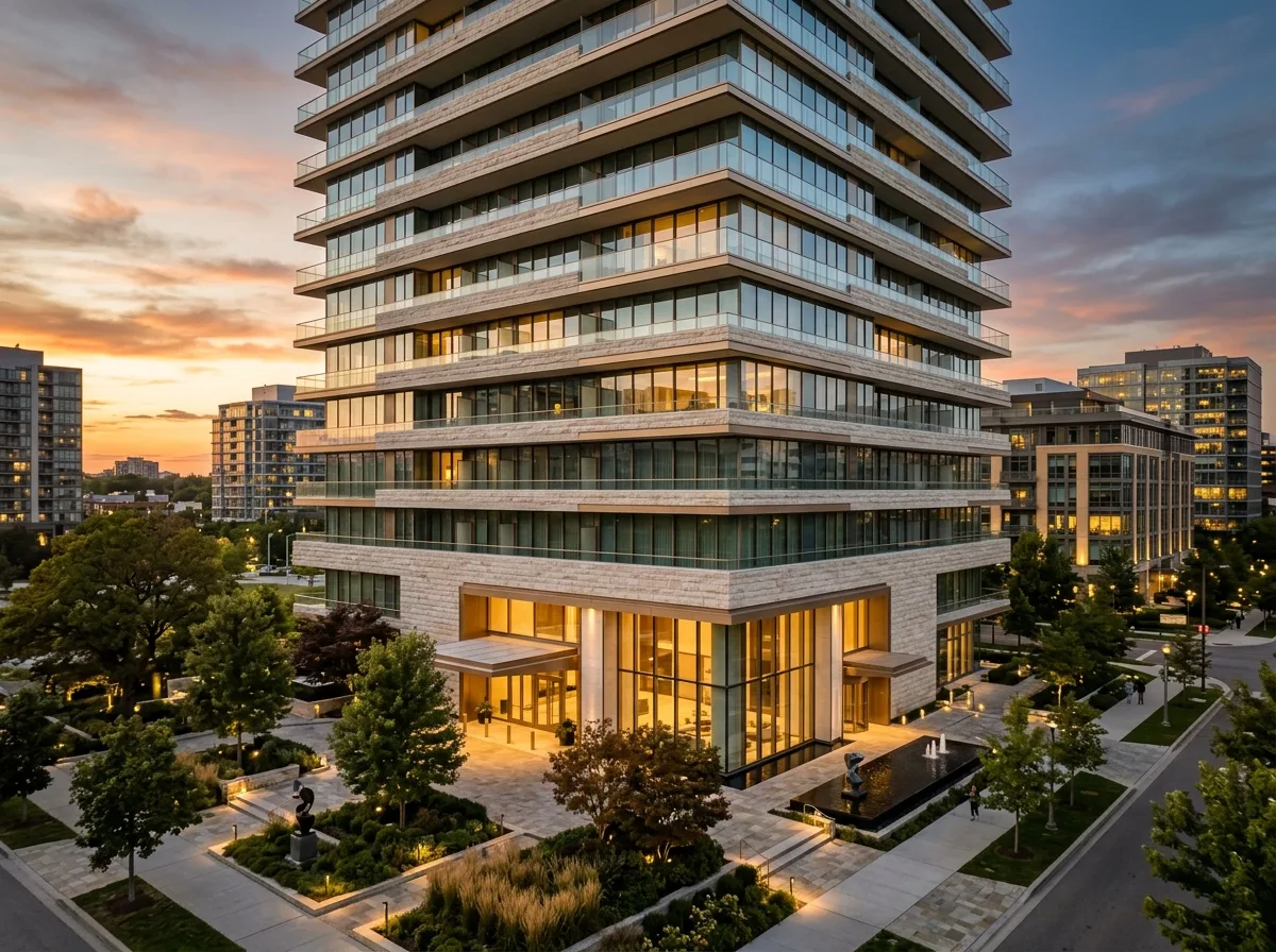 Stacked Horizontal Stone Bands: Frameless Glass Balconies and Deep Shadow Lines