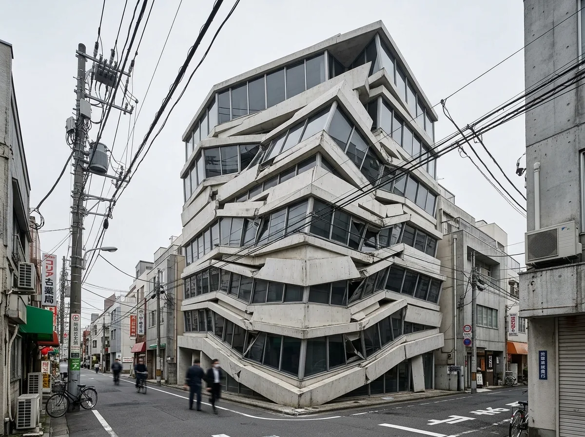 Compressed Facade: Split-Level Floors and Slanted Wall Lines