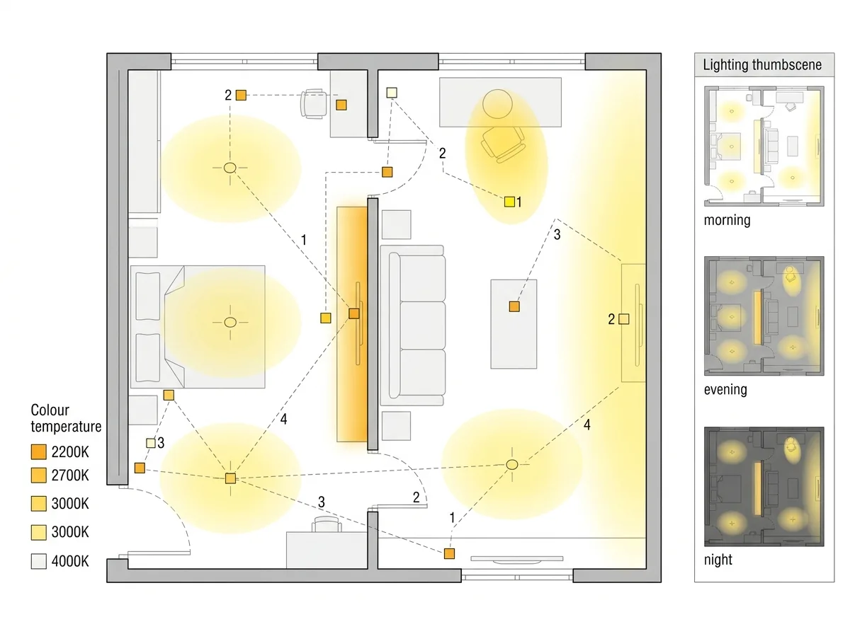 Lighting Configuration Diagram: Illuminance Zoning & Scene Switching