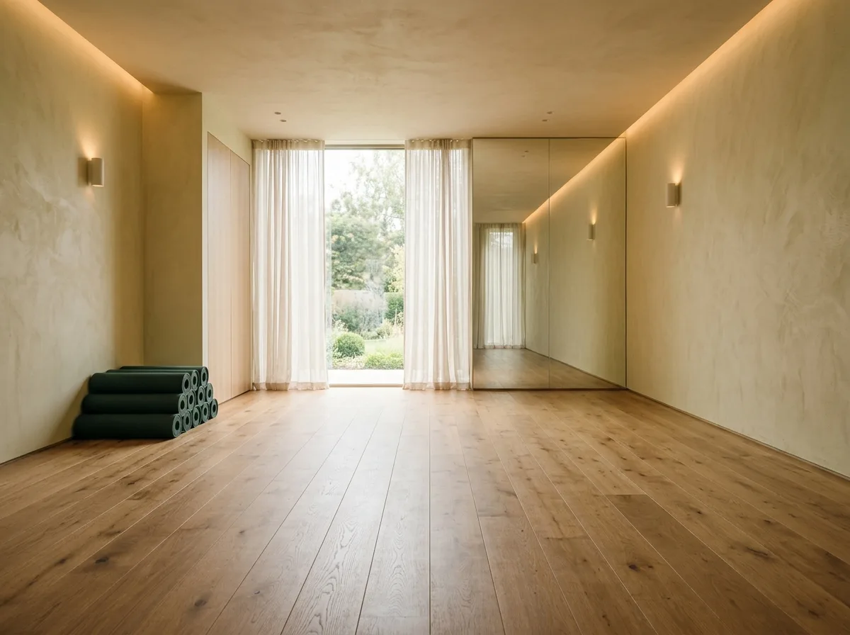 Yoga Studio: Wooden Floors, Warm Light, and Mirrored White Space