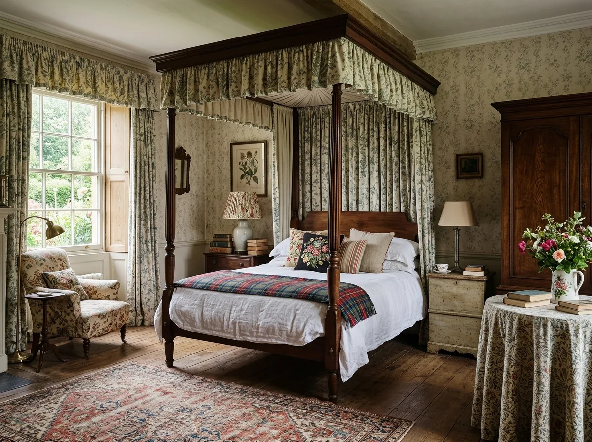 English・Master Bedroom: Four-Poster Bed and Prints