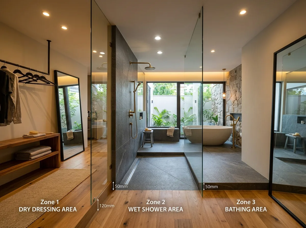 Three-stage dry-wet separation: Shower, bath, changing area
