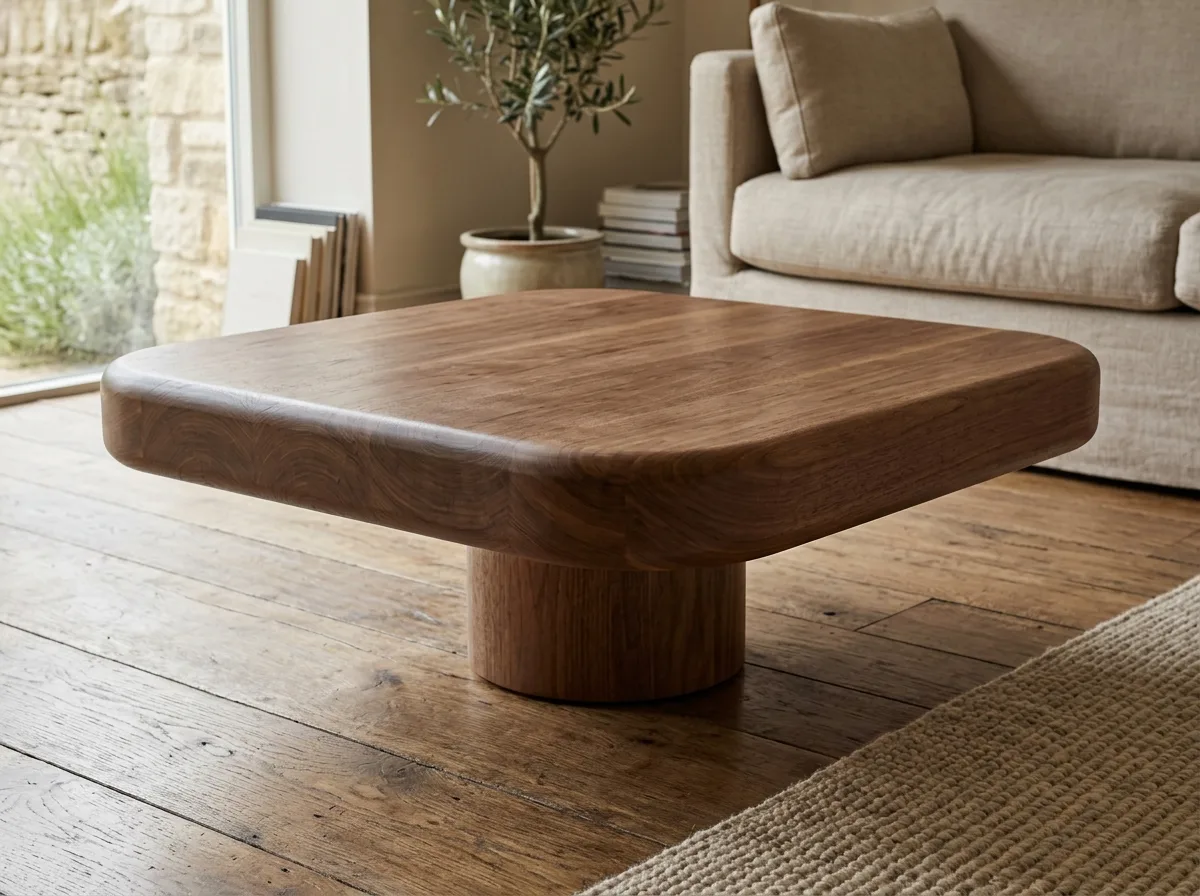 Fat coffee table: a thick slab sitting on a cylinder