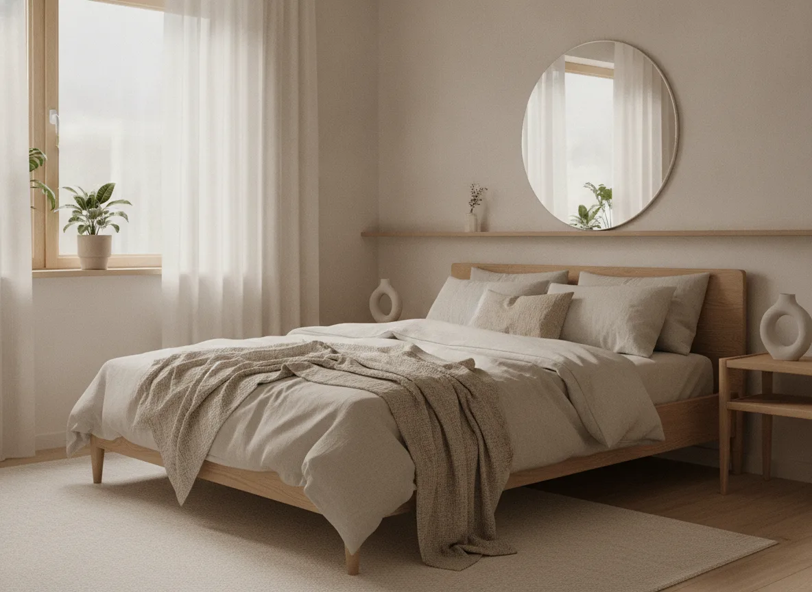 Bedroom Serene Morning Light: Minimalist Wood and Soft Textiles
