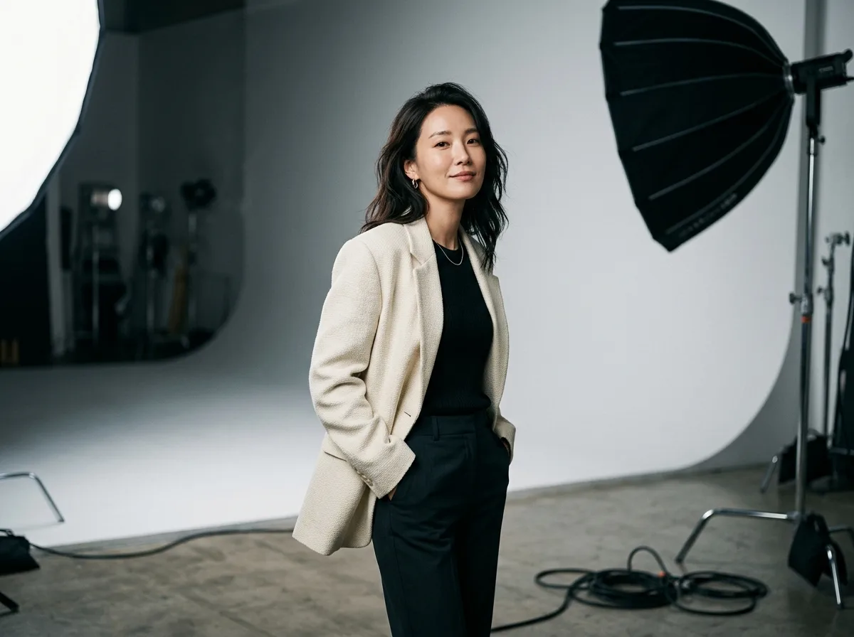 Minimalist Studio Korean-Style Portrait: Softbox and Behind-the-Scenes Props in Foreground