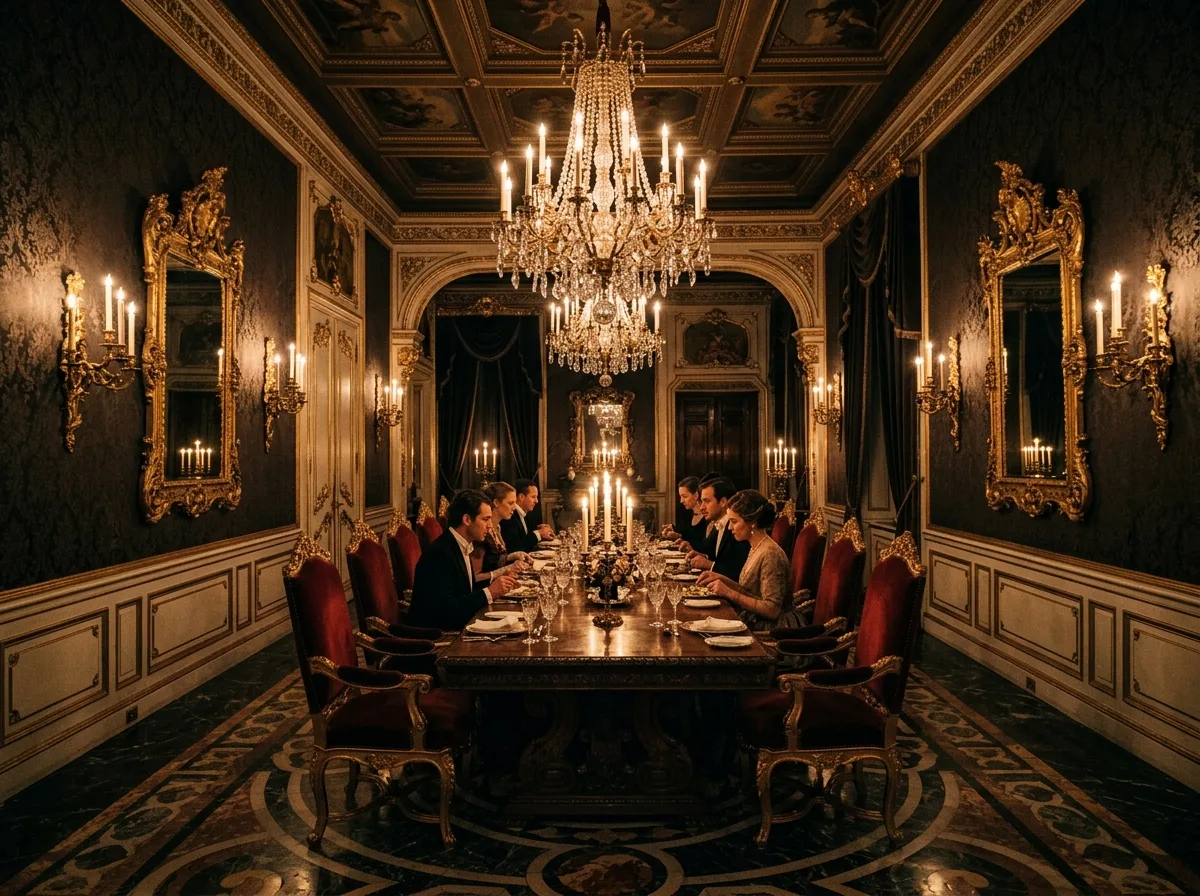 Baroque Dining Room: Long Table, Mirrors, and Candles