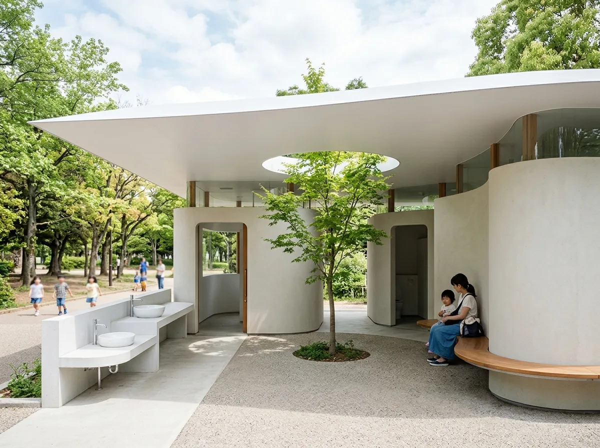 白い曲線屋根とアトリウムの木：離れの公園コテージ