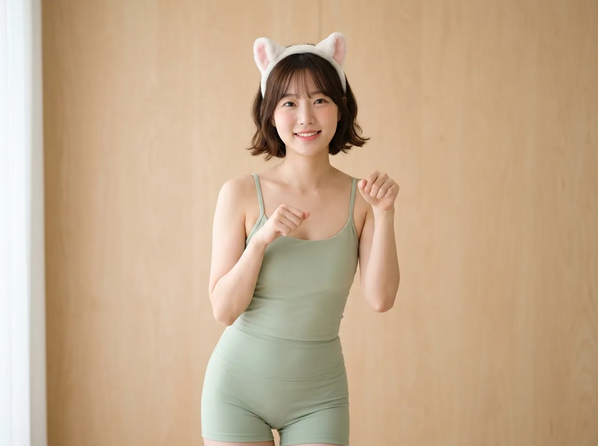 韩系清新：原木墙前的少女写真