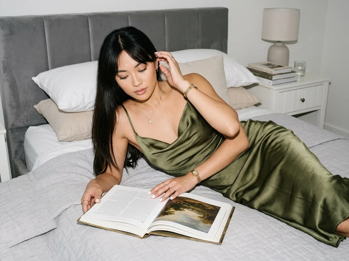 Reading on Bed in Olive Green Nightgown