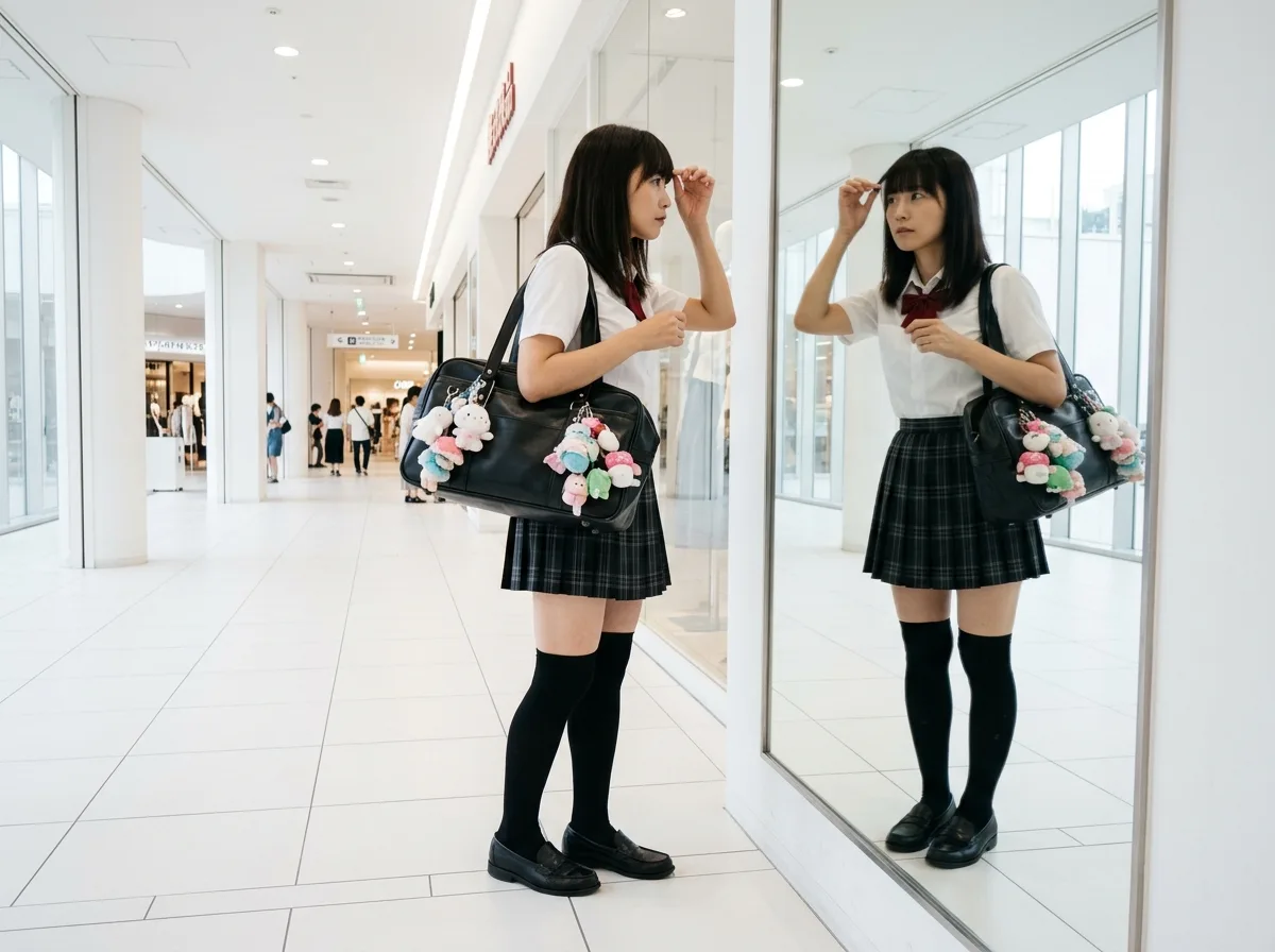 ショッピングモール通路の鏡の前：前髪を整える予備校生の私服