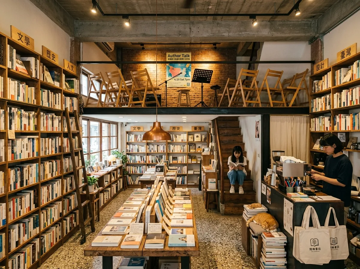独立书店：选书台、讲座区与二楼